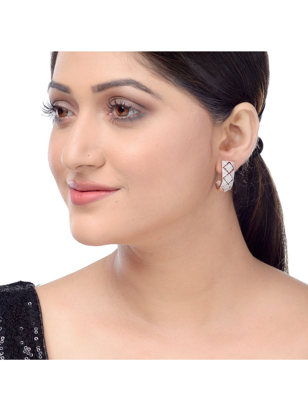 Small diamond encrusted bali earrings, rose gold plated